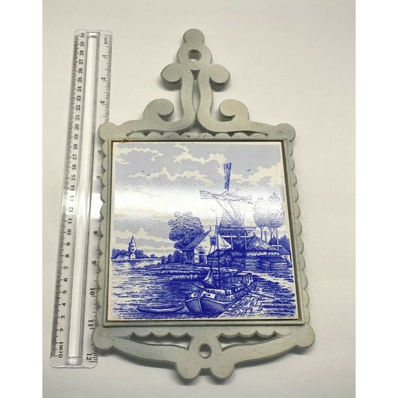 Vintage Dutch Windmill Trivet Countryside Boats Blue White Tile Made in Japan - Picture 4 of 12
